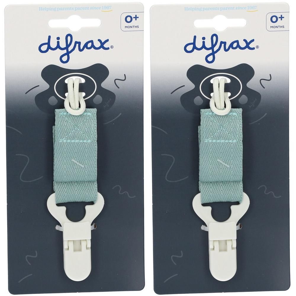 Deux attaches-sucette Difrax bleu clair avec clip blanc.