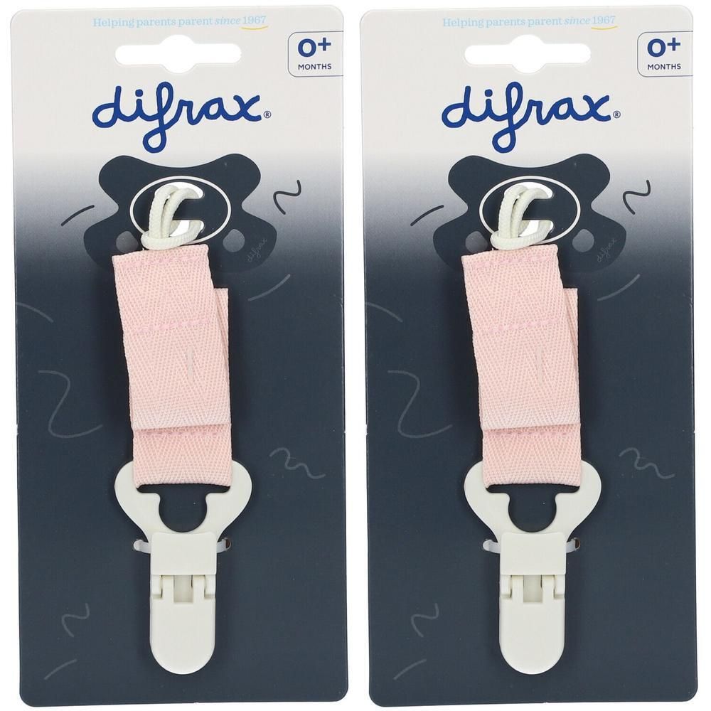 Twee Difrax fopspeenkoorden in roze met witte clip en band.