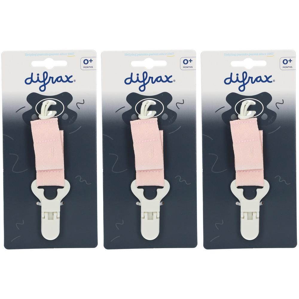 Trois attaches sucette Difrax roses avec clip blanc et anneau argenté. Pour bébés dès 0 mois.