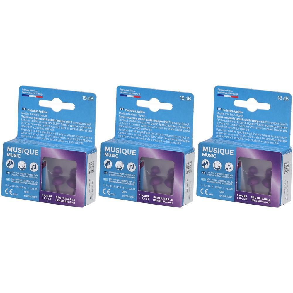 Trois paquets de bouchons d'oreilles Quies Protection Auditive Musique, violets, réutilisables.