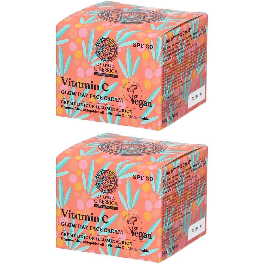 Deux boîtes de crème de jour visage éclat Vitamine C SPF 20. Produit végan.