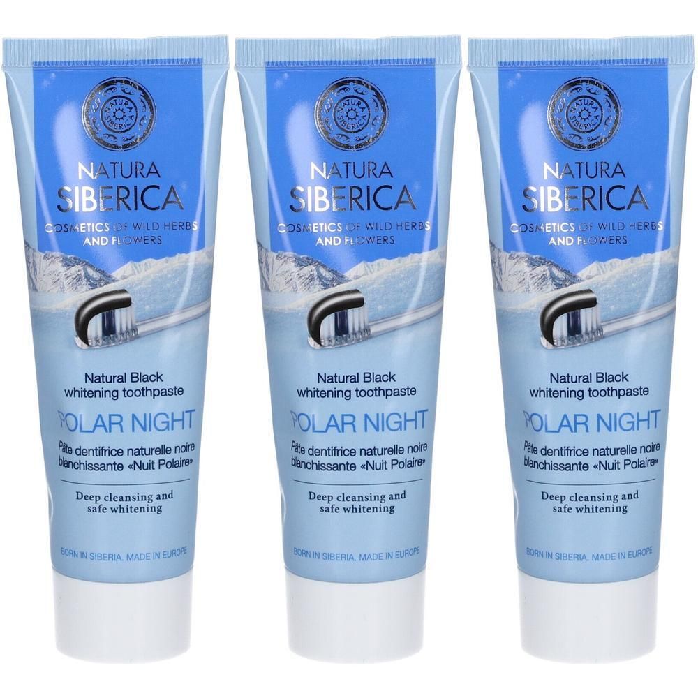 Trois tubes de dentifrice blanchissant noir Natura Siberica Polar Night.