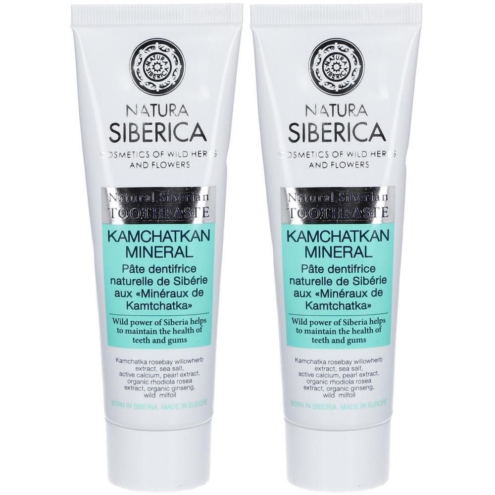 Twee tubes Natura Siberica Kamchatkan Mineral tandpasta. Witte tubes met turquoise en zilveren opdruk.