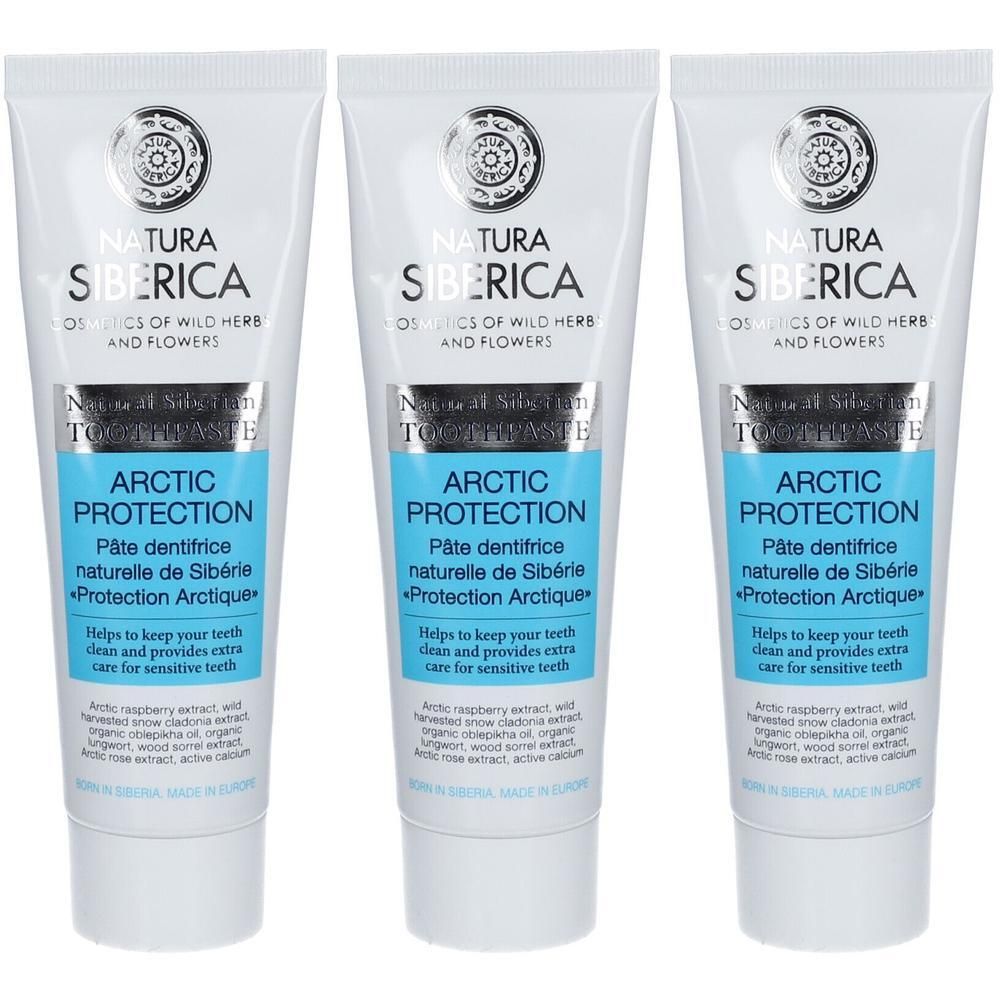 Drie tubes Natura Siberica tandpasta Arctic Protection.