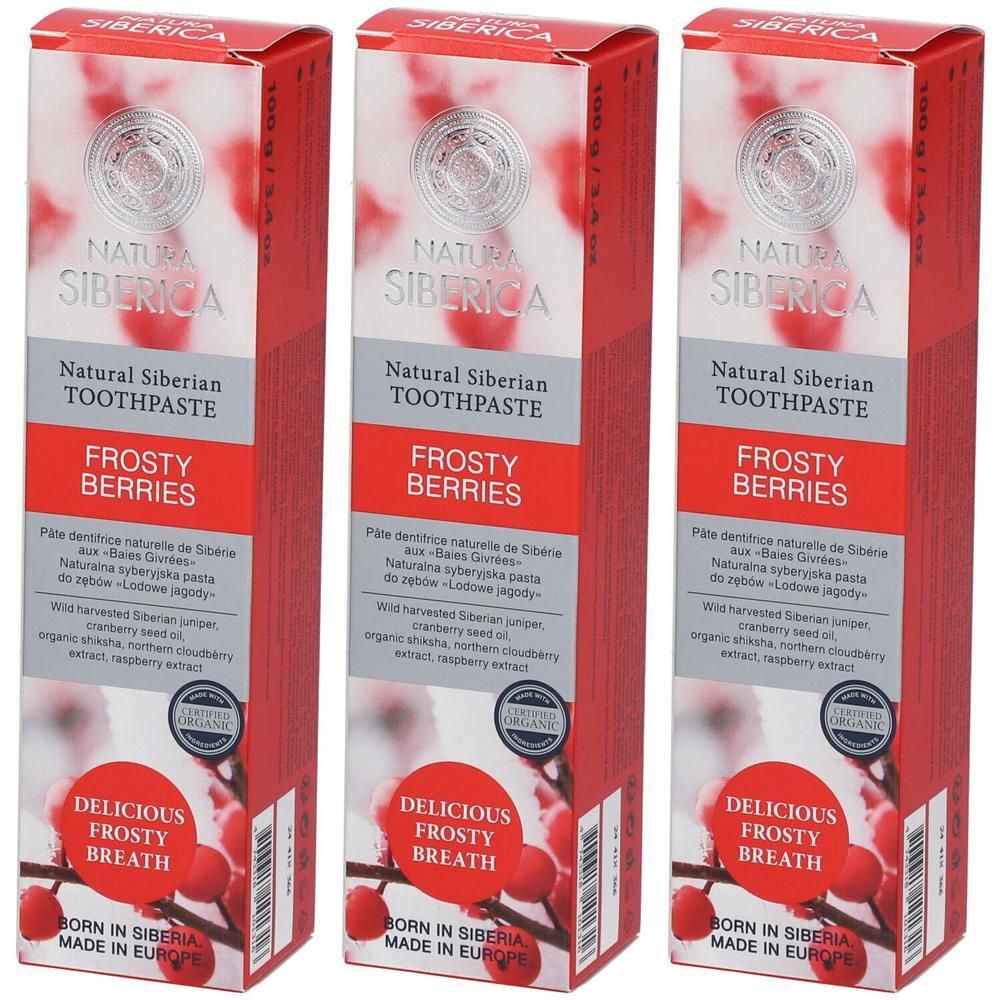 Trois boîtes de dentifrice Natura Siberica Frosty Berries avec motif de baies.