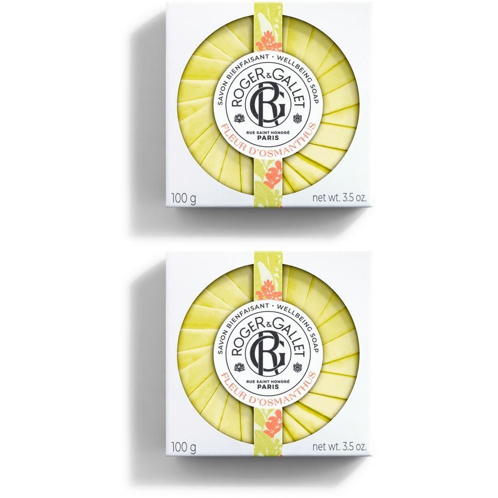 Deux savons Roger & Gallet Fleur d'Osmanthus en boîte, 100g chacun.