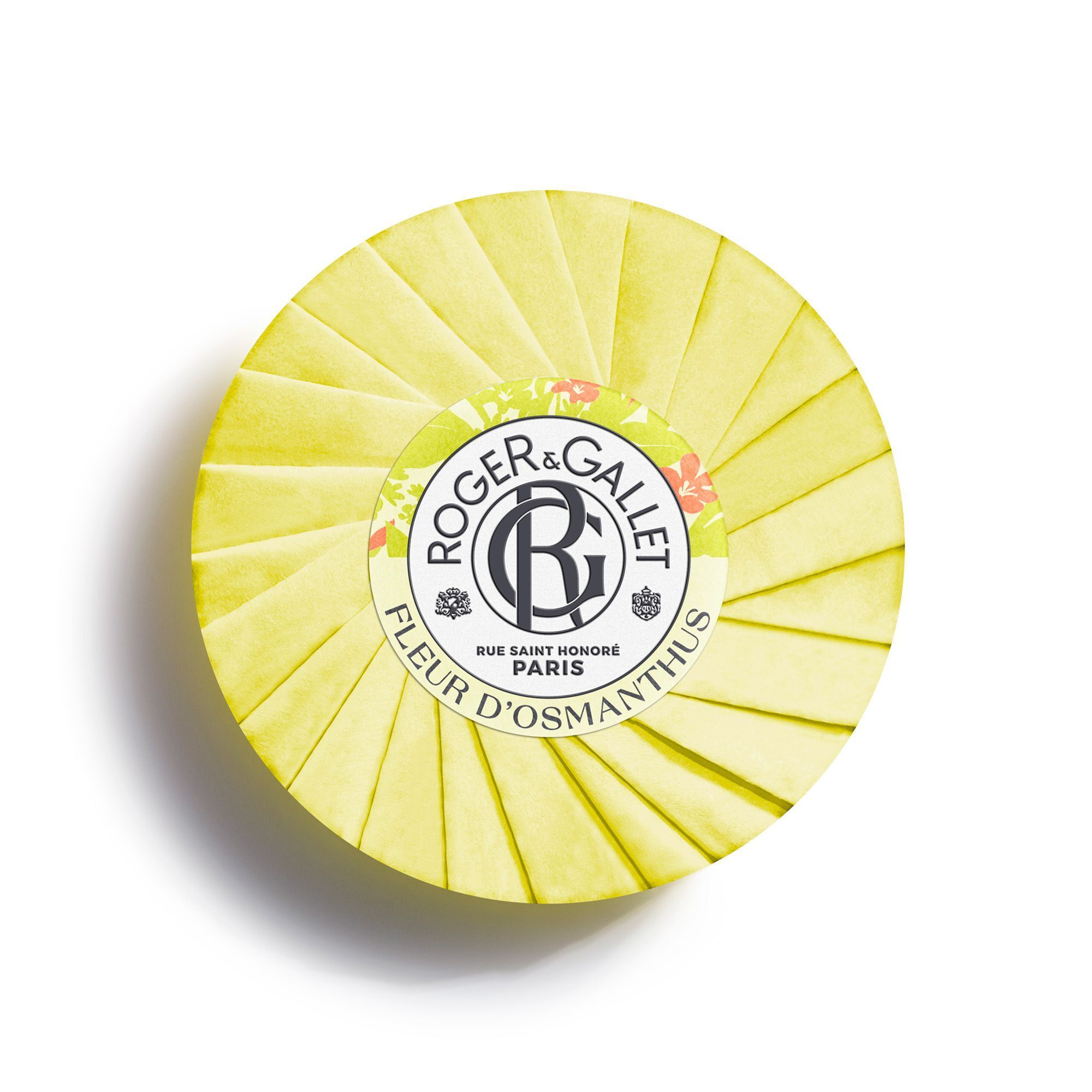 Roger & Gallet Fleur d'Osmanthus zeep, rond, geel, met bloemenpatroon banderol.