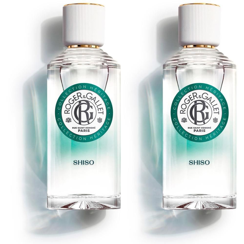 Deux flacons Roger & Gallet Eau Parfumée Bienfaisante SHISO, parfum clair, bouchon blanc à bord doré.