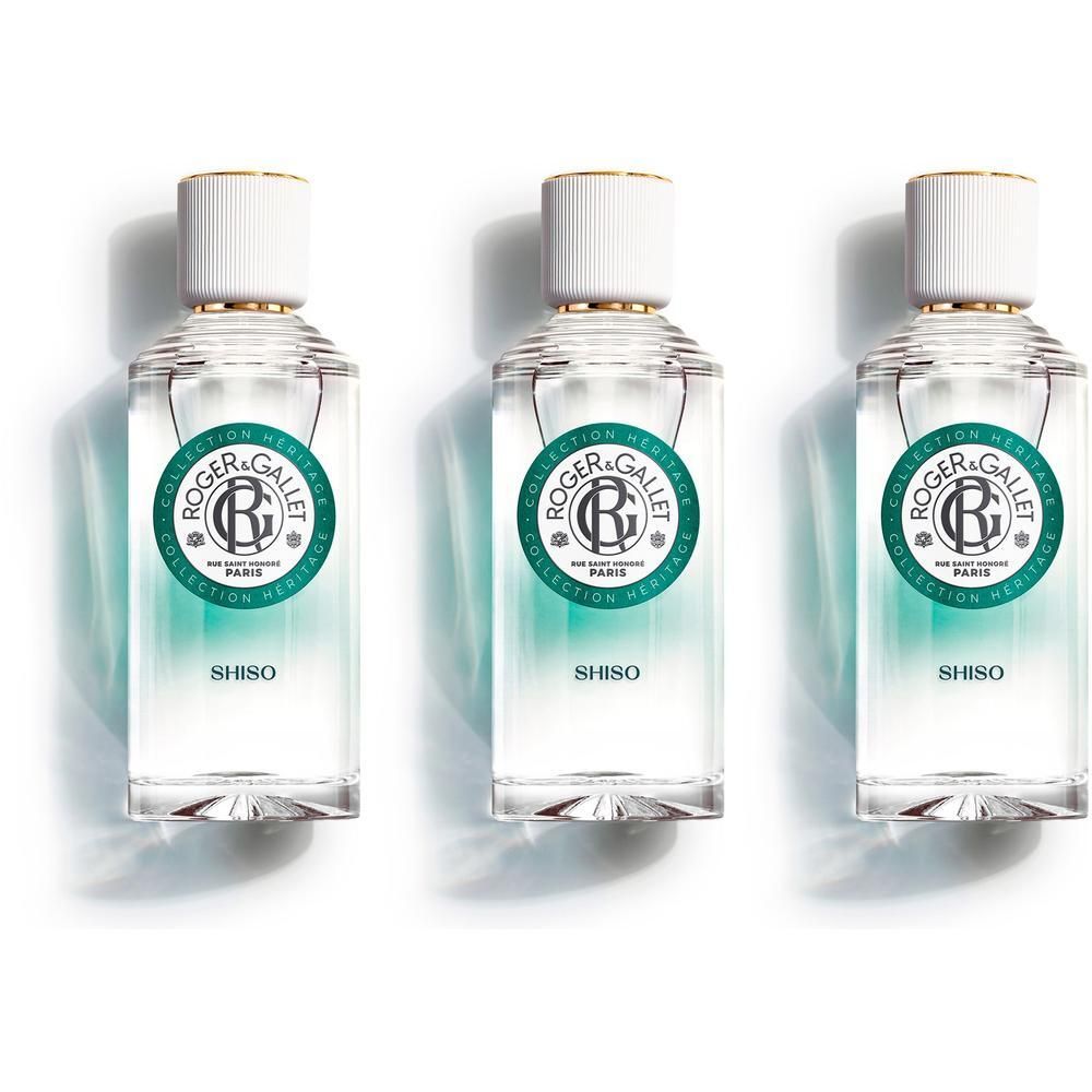 Drie flacons Roger & Gallet Eau Parfumée Bienfaisante SHISO met witte dop en gouden rand.