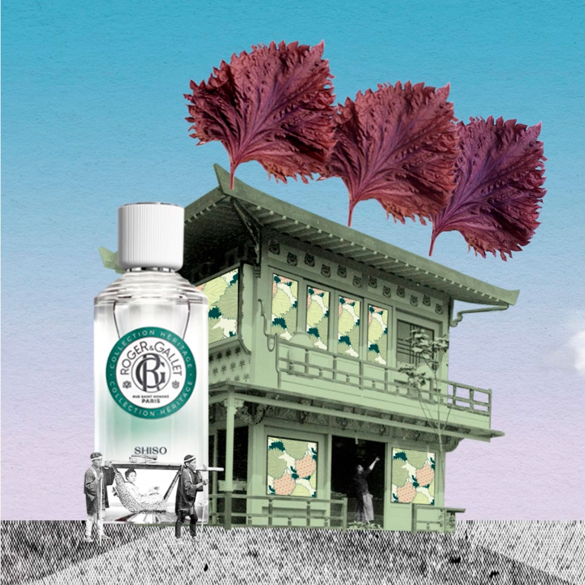 Een flacon Roger & Gallet Eau Parfumée Bienfaisante SHISO voor een gestileerde Japanse pagode en rode bladeren.