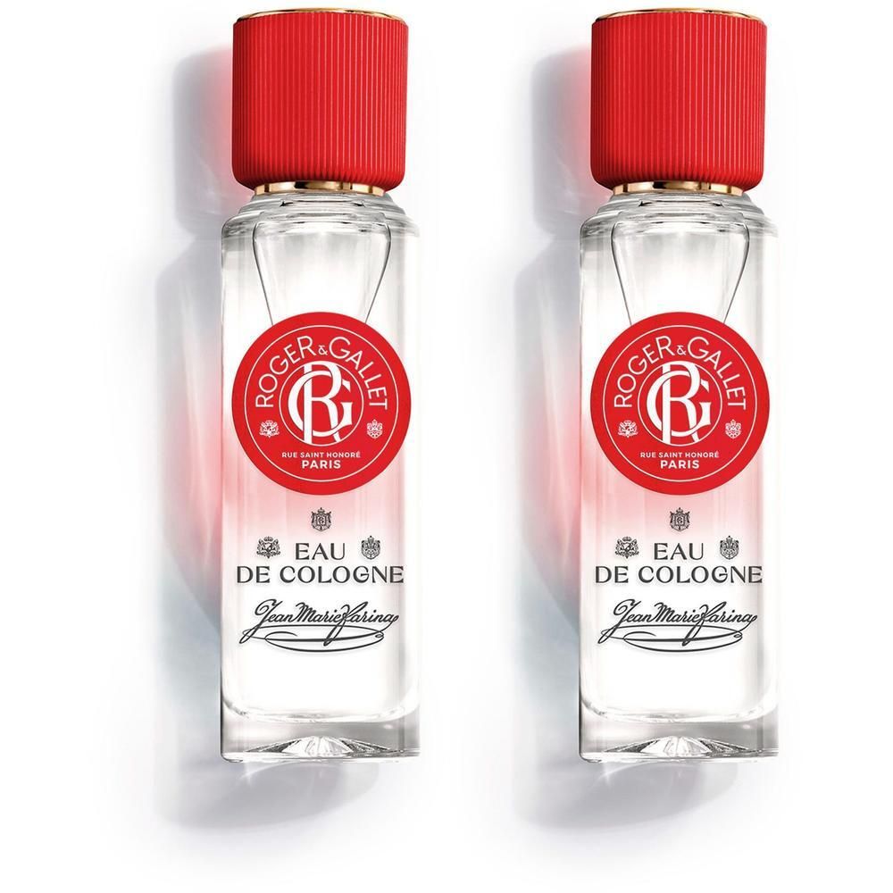 Deux flacons de Roger & Gallet Jean-Marie Farina Eau de Cologne avec bouchons rouges.