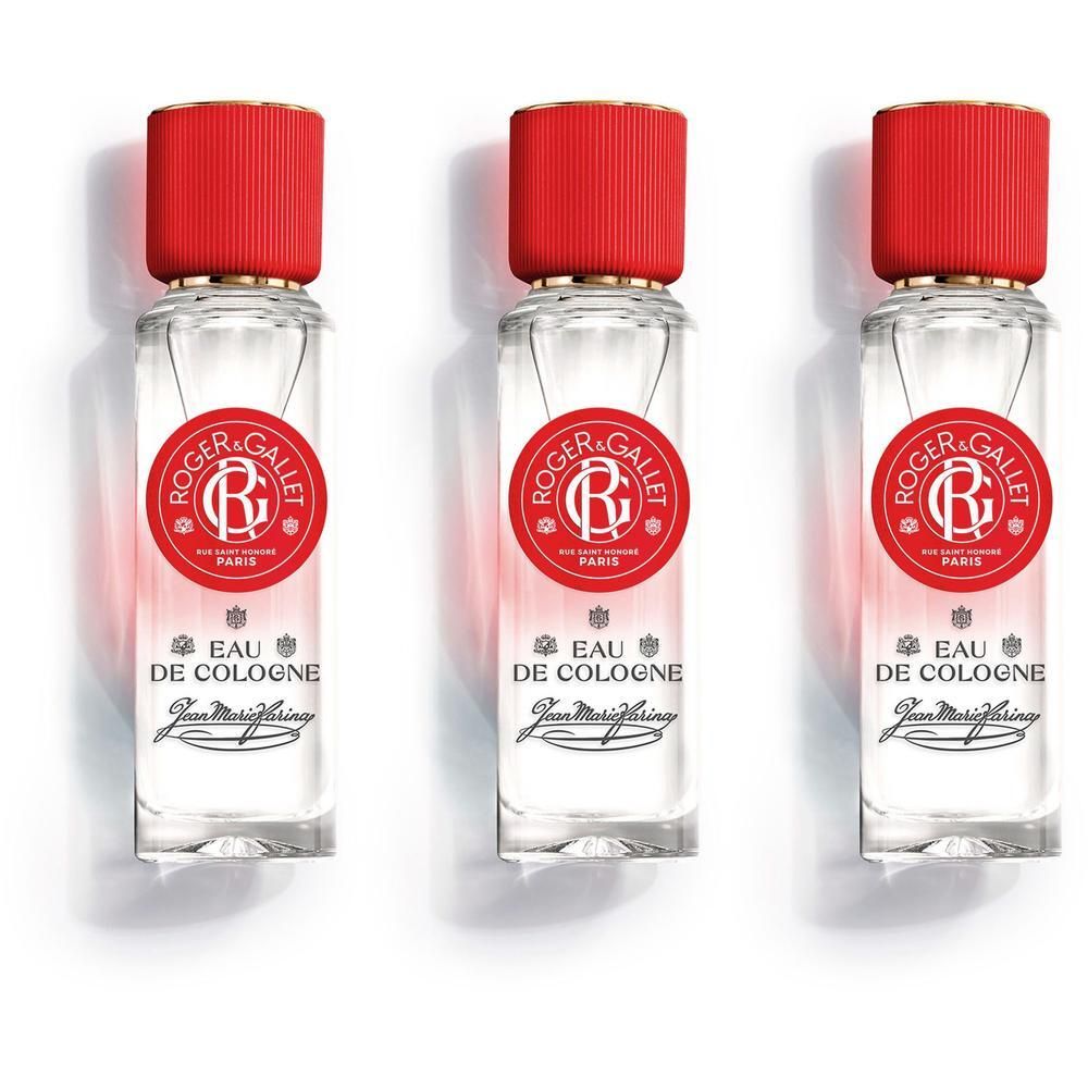 Trois flacons de Roger & Gallet Jean-Marie Farina Eau de Cologne avec bouchons rouges.