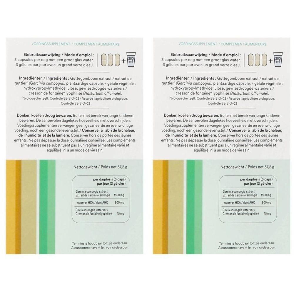 Twee verpakkingen Cressana Garcinia + Kresse Bio capsules, achterkant met ingrediënten en gebruiksaanwijzing.