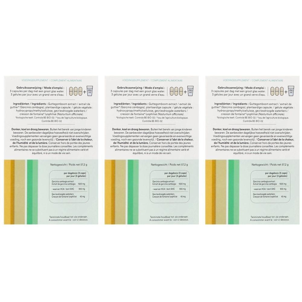 Drie verpakkingen Cressana Garcinia + Waterkers Bio capsules, achterkant met gebruiksaanwijzing en ingrediënten.