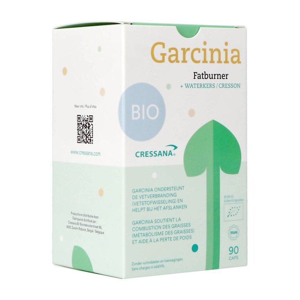 Verpakking Cressana Garcinia Fatburner + Waterkers Bio capsules, voorkant met productinformatie en Bio-keurmerk.