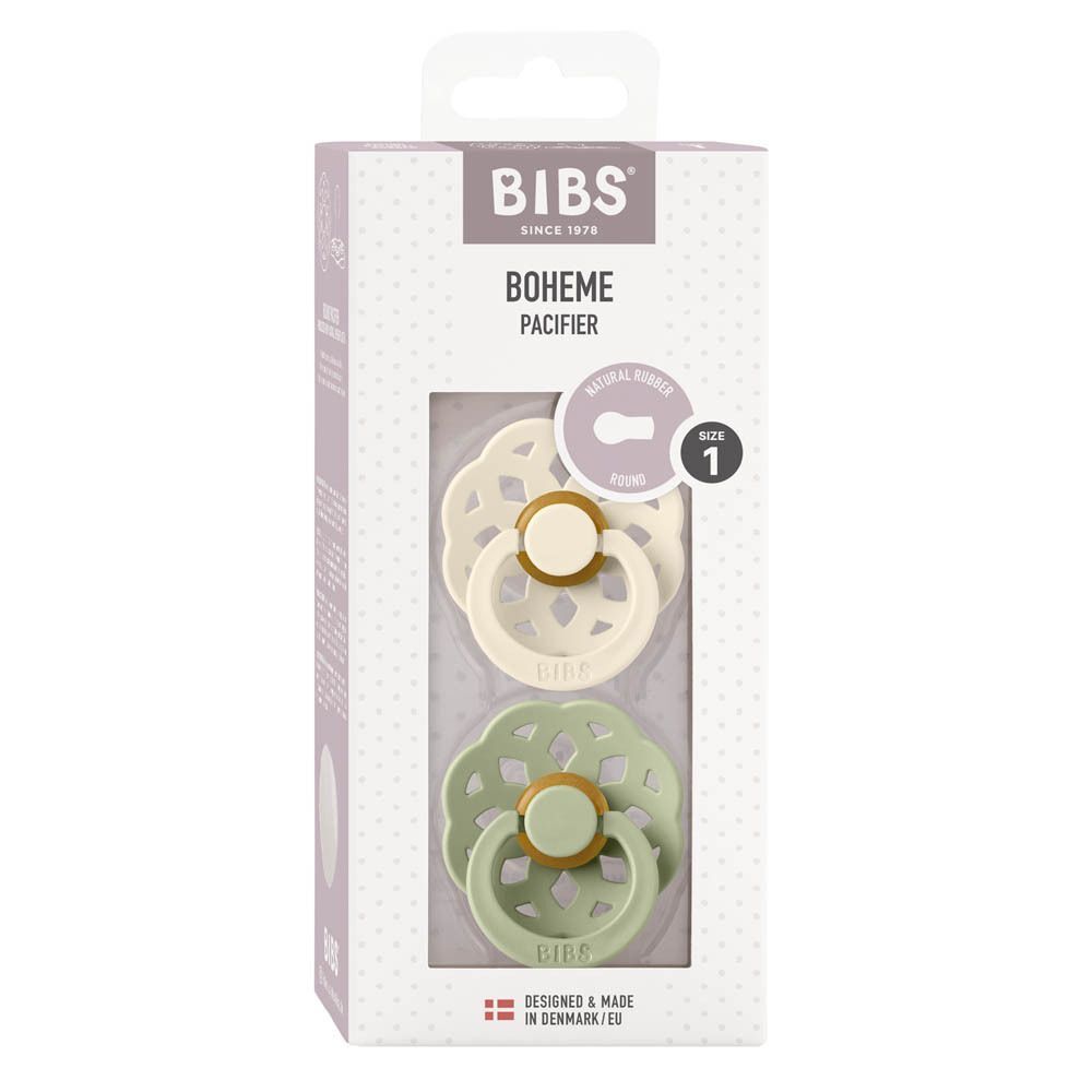 BIBS Speen Bohème Maat 1 in een verpakking met twee spenen: crème en saliegroen.
