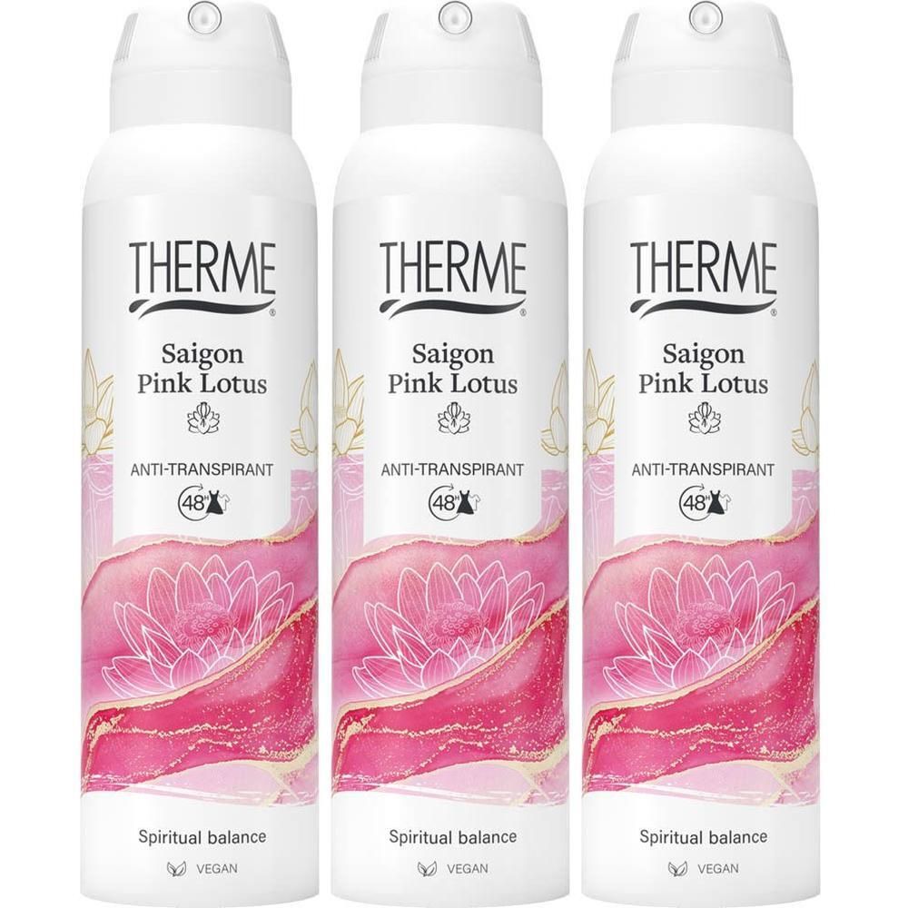 Trois aérosols Therme Saigon Pink Lotus Anti-Transpirant 48h. Motif fleur de lotus rose.