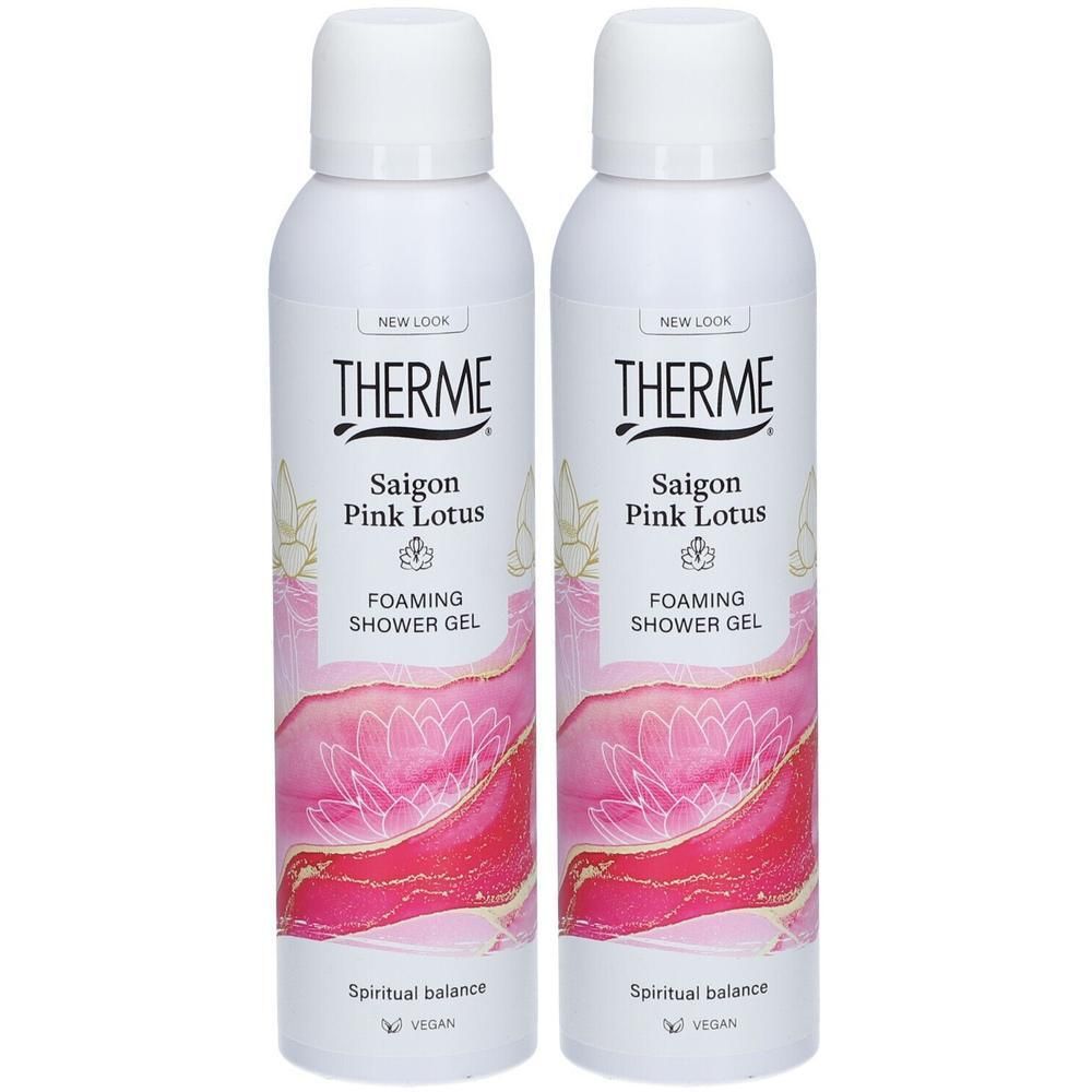 Twee flessen Therme Saigon Pink Lotus schuimende douchegel.