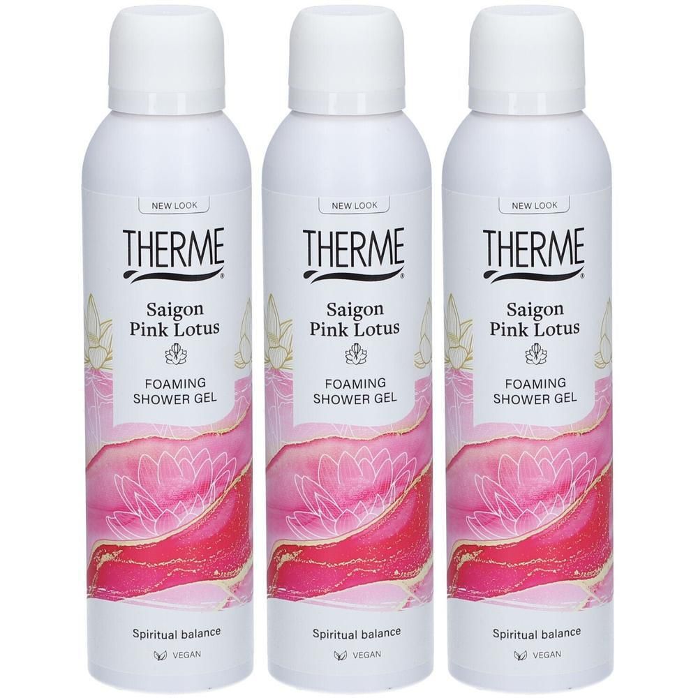 Drie bussen Therme Saigon Pink Lotus schuimende douchegel met lotusbloem design.