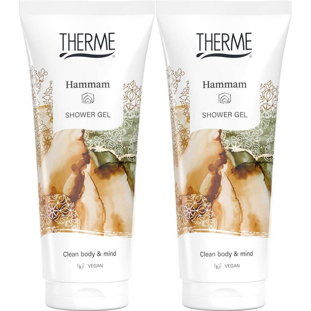 Deux tubes de gel douche Therme Hammam avec motif floral et accents dorés.