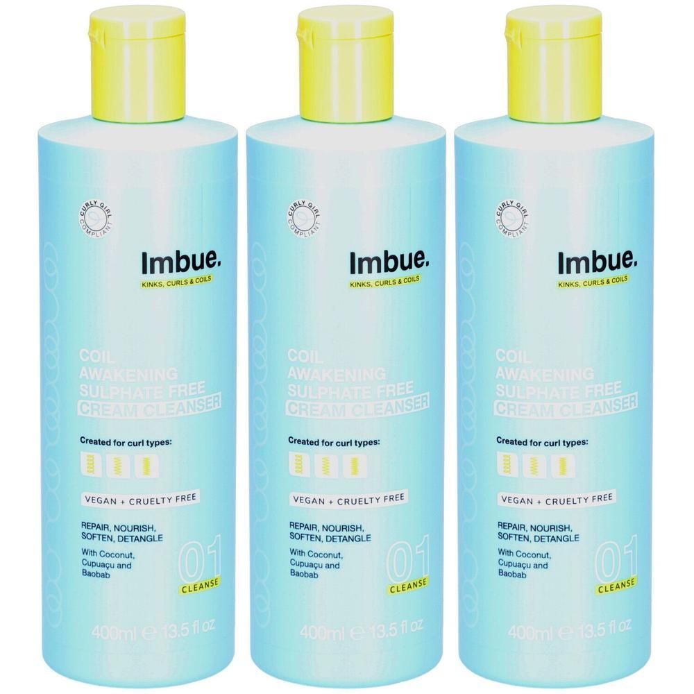Drie flessen Imbue Coil Awakening Cream Cleanser, lichtblauw met gele doppen.