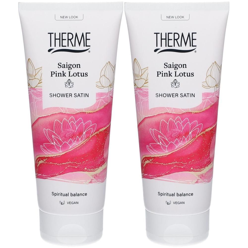 Twee tubes THERME Saigon Pink Lotus douchecrème, met "New Look" en "Vegan" vermelding.