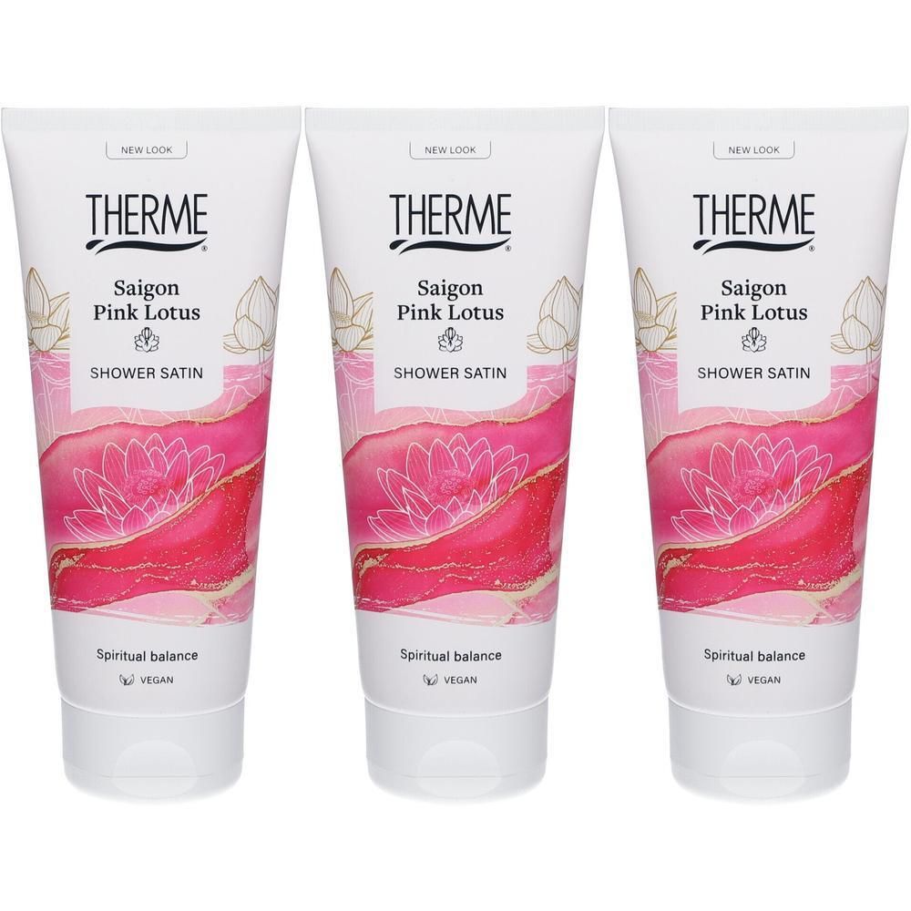 Drie tubes THERME Douchegel Pink Lotus, met vermelding "Spiritual balance" en "VEGAN".