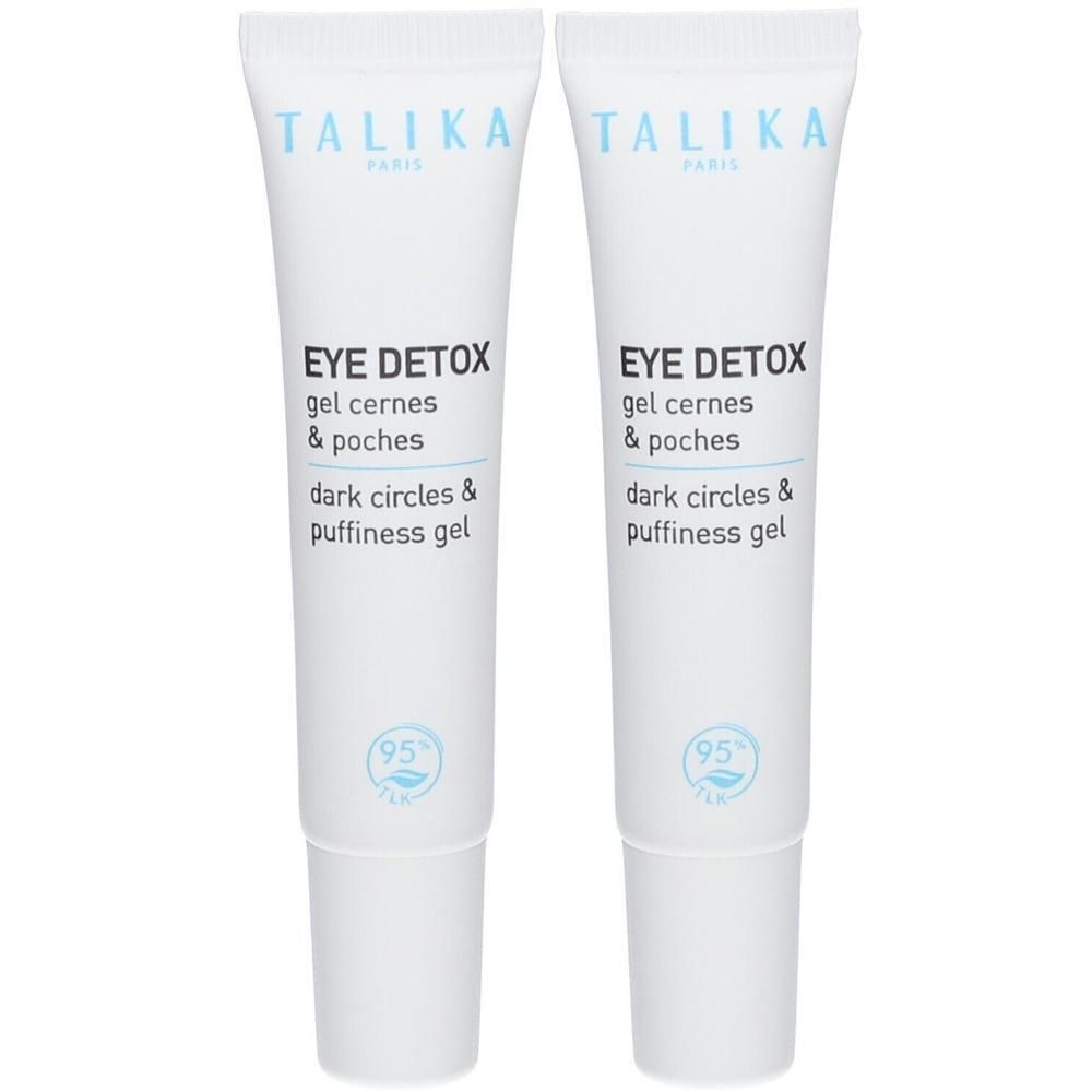 Twee witte tubes Talika Eye Detox Gel tegen donkere kringen en wallen.