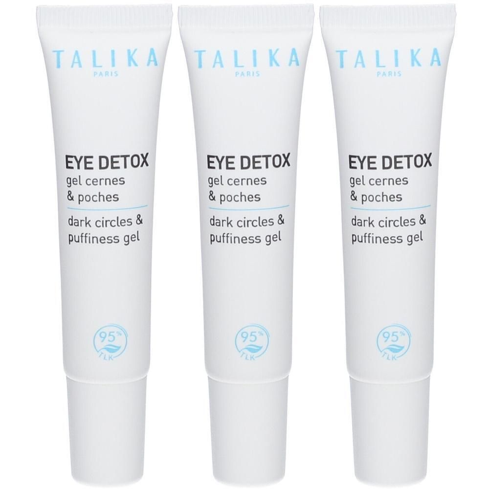 Trois tubes blancs de Talika Eye Detox Gel pour cernes et poches.