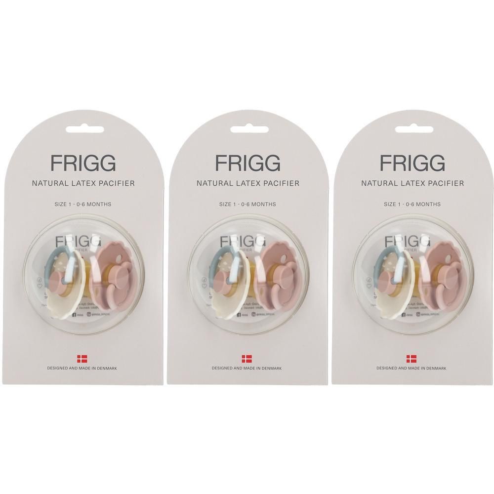 Trois sucettes FRIGG en emballage blister, taille 1 (0-6 mois). Couleurs : Blush, beige, rose.