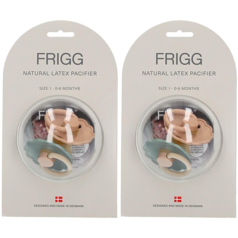 Twee Frigg natuurrubber spenen, maat 1 (0-6 maanden), in verpakking.