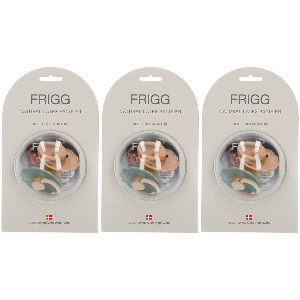 Drie FRIGG natuurlijke latex spenen, goudkleurig, maat 1 (0-6 maanden), in individuele verpakkingen.