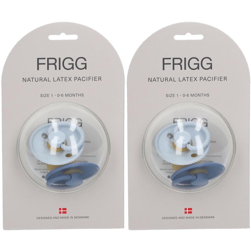 Deux sucettes FRIGG en latex naturel, taille 1 (0-6 mois), bleu clair.