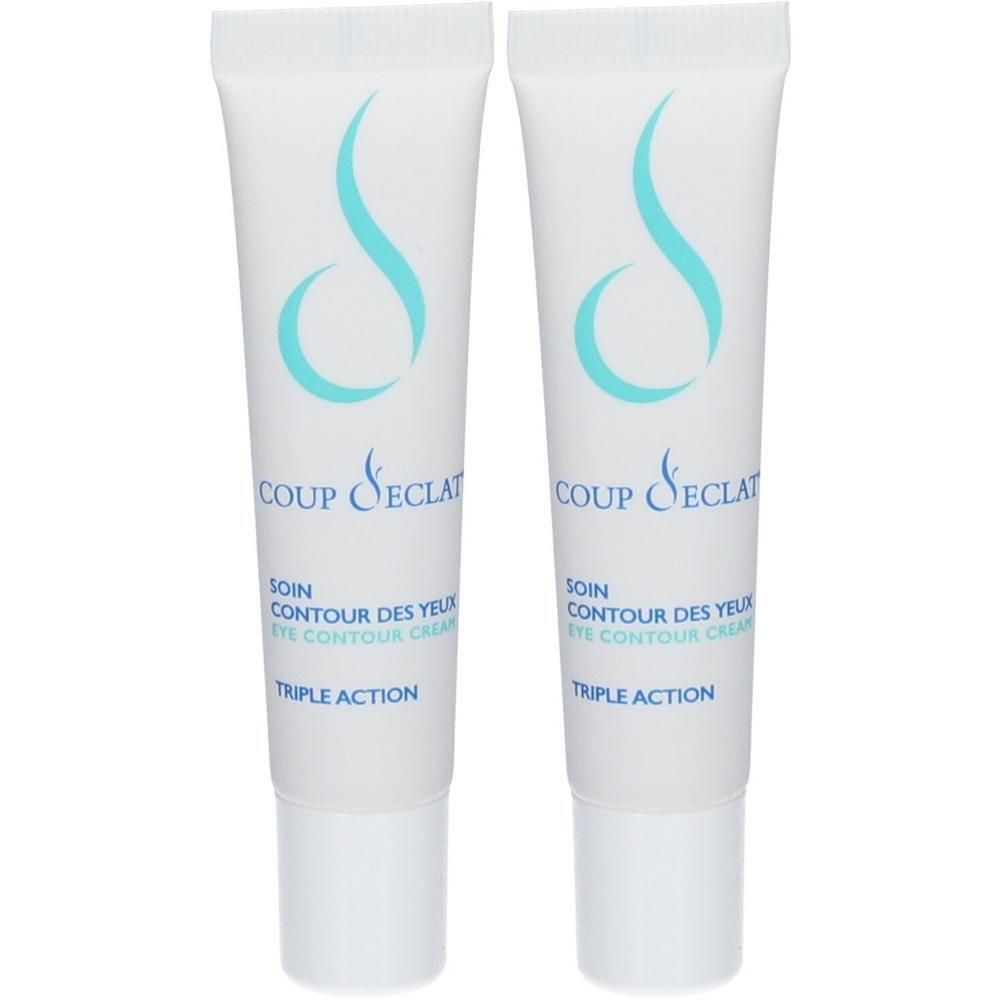 Twee tubes Coup D'eclat oogcontourcrème, met "Triple Action" vermelding.