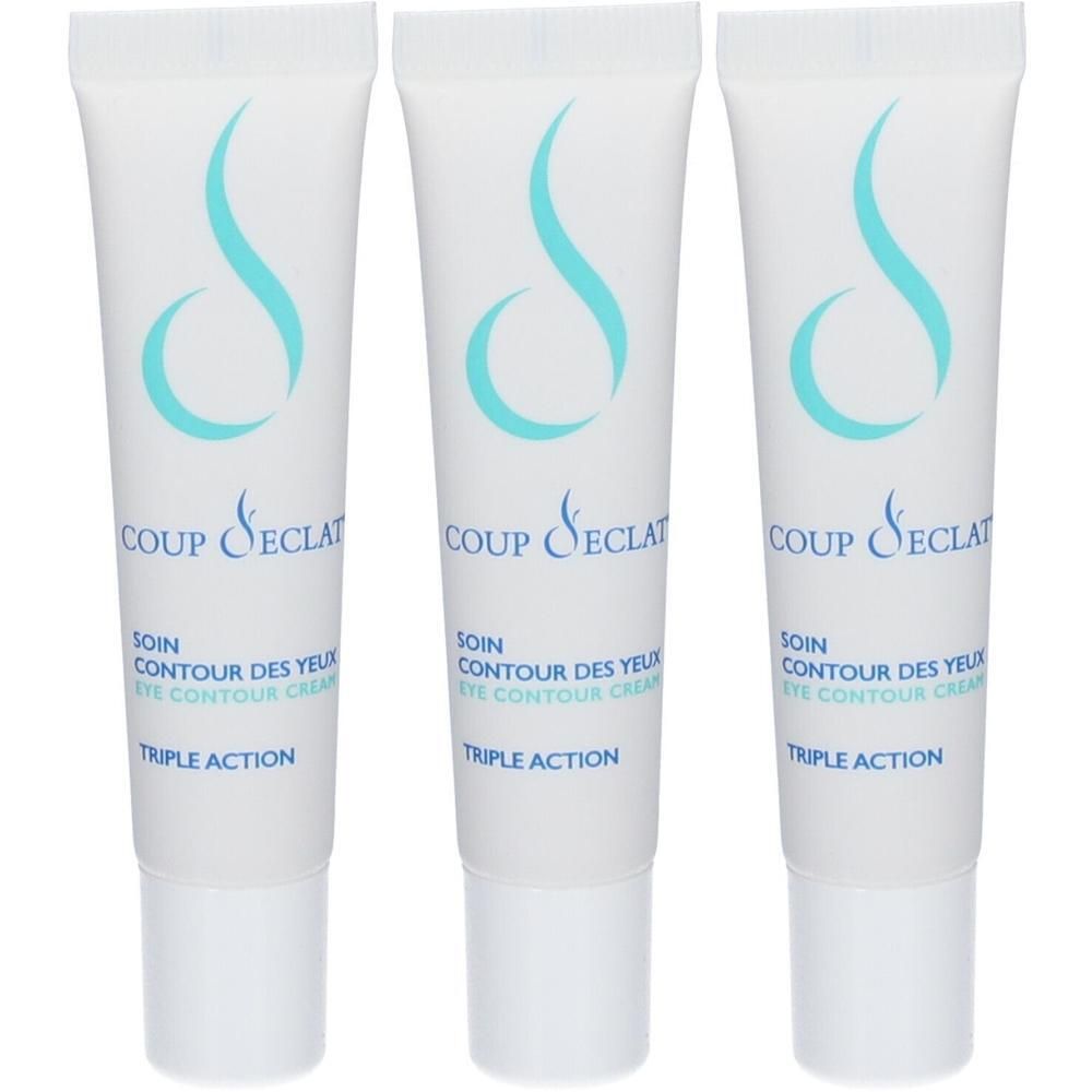 Drie tubes Coup D'eclat oogcontourcrème met "Triple Action" opschrift.