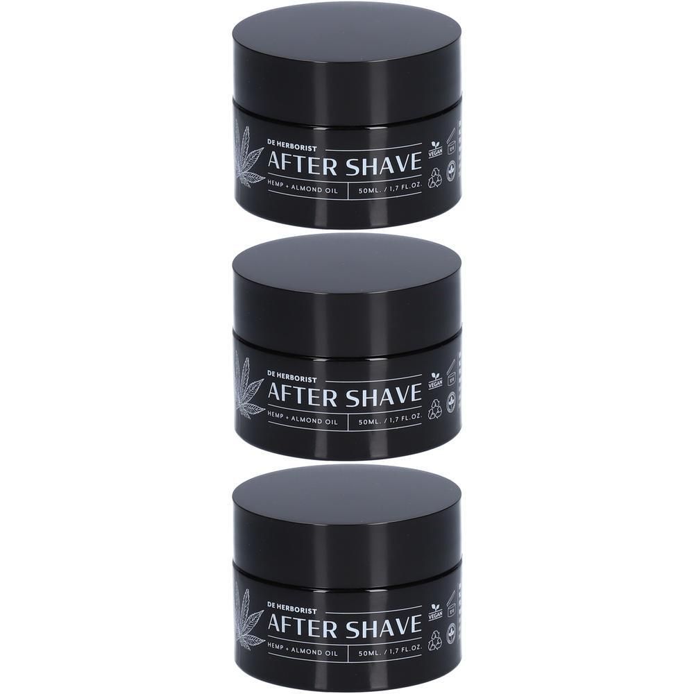 Drie zwarte potjes met After Shave, hennep en amandelolie.