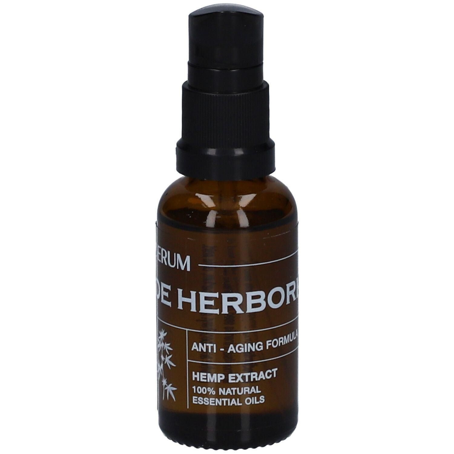 Bruine glazen fles met pompdos. Anti-aging formule met hennep extract en 100% natuurlijke etherische oliën.
