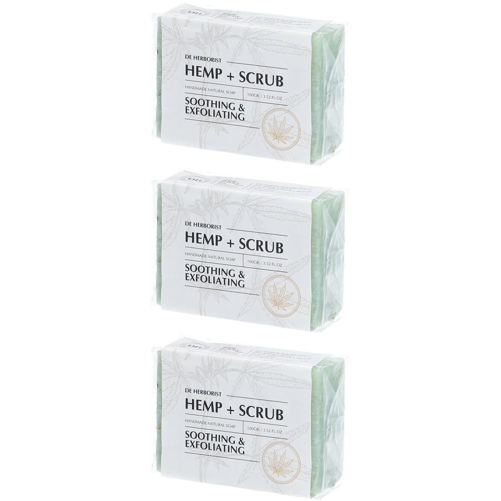 Drie verpakte zeeprepen Hennep + Scrub, kalmerend en exfoliërend.