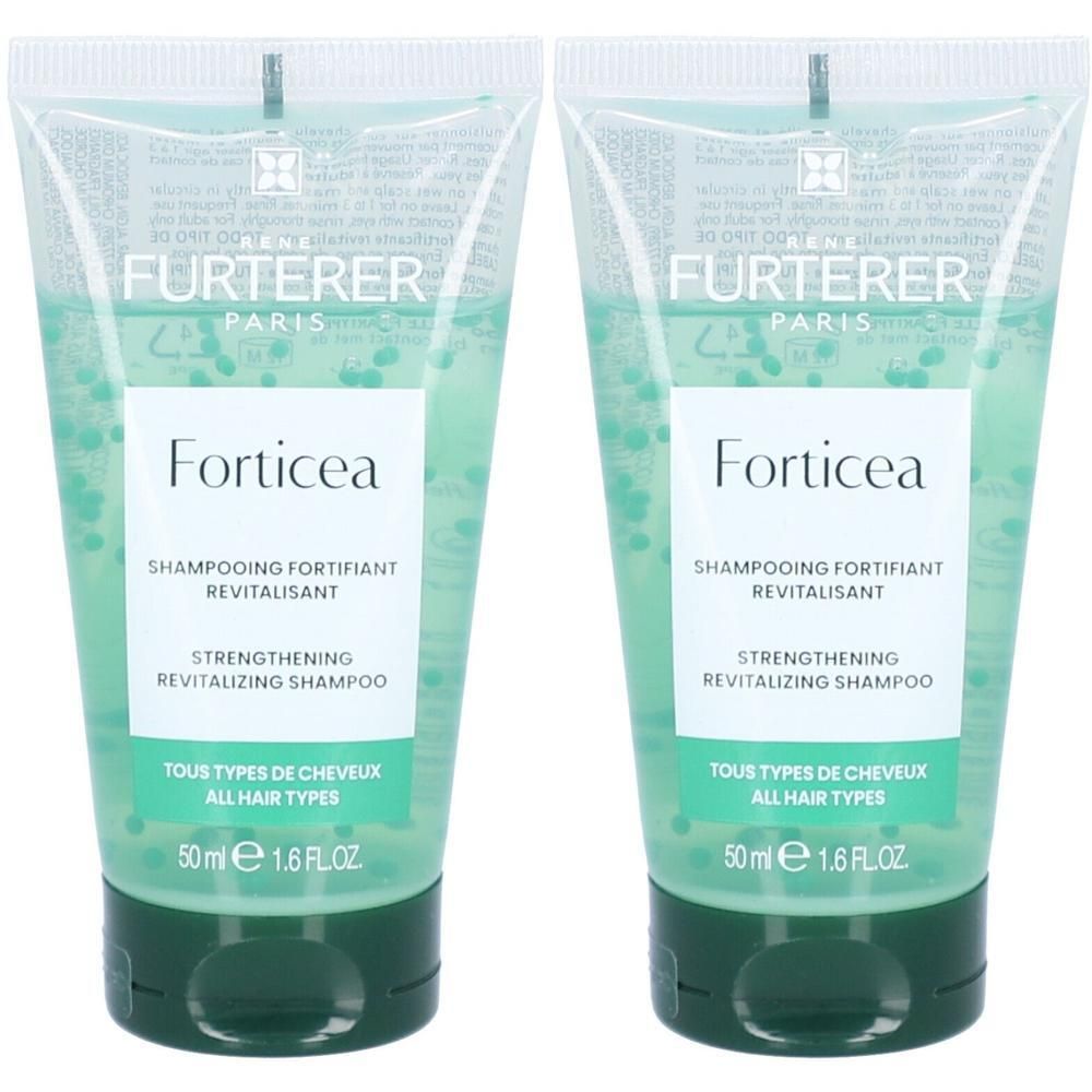 Twee flacons René Furterer Forticea versterkende revitaliserende shampoo, 50ml.
