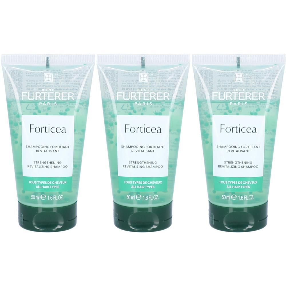 Drie tubes René Furterer Forticea versterkende revitaliserende shampoo, elk 50ml.