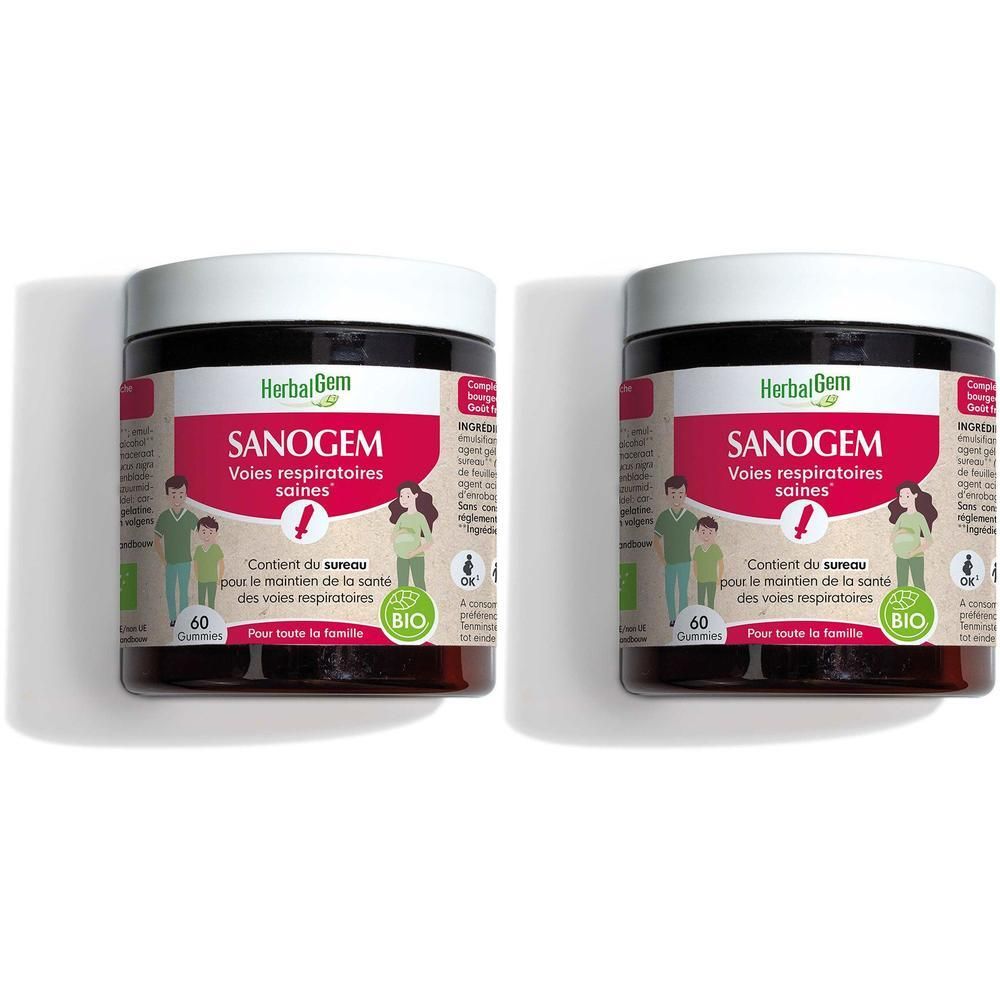 Deux pots HerbalGem Sanogem Bio de 60 gommes. Pour le maintien des voies respiratoires saines. Certifié Bio.