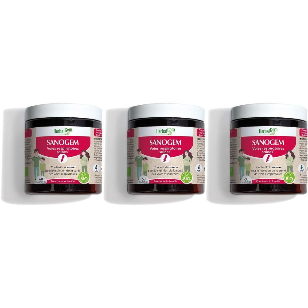 Trois pots HerbalGem Sanogem Bio avec étiquettes montrant des familles et le label Bio.