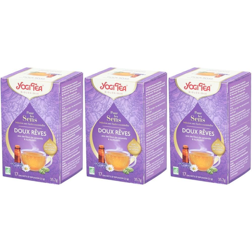 Drie pakken Yogi Tea "Voor de Zintuigen Goede Nacht". Paarse verpakking met kruidenmotief en kopje thee.