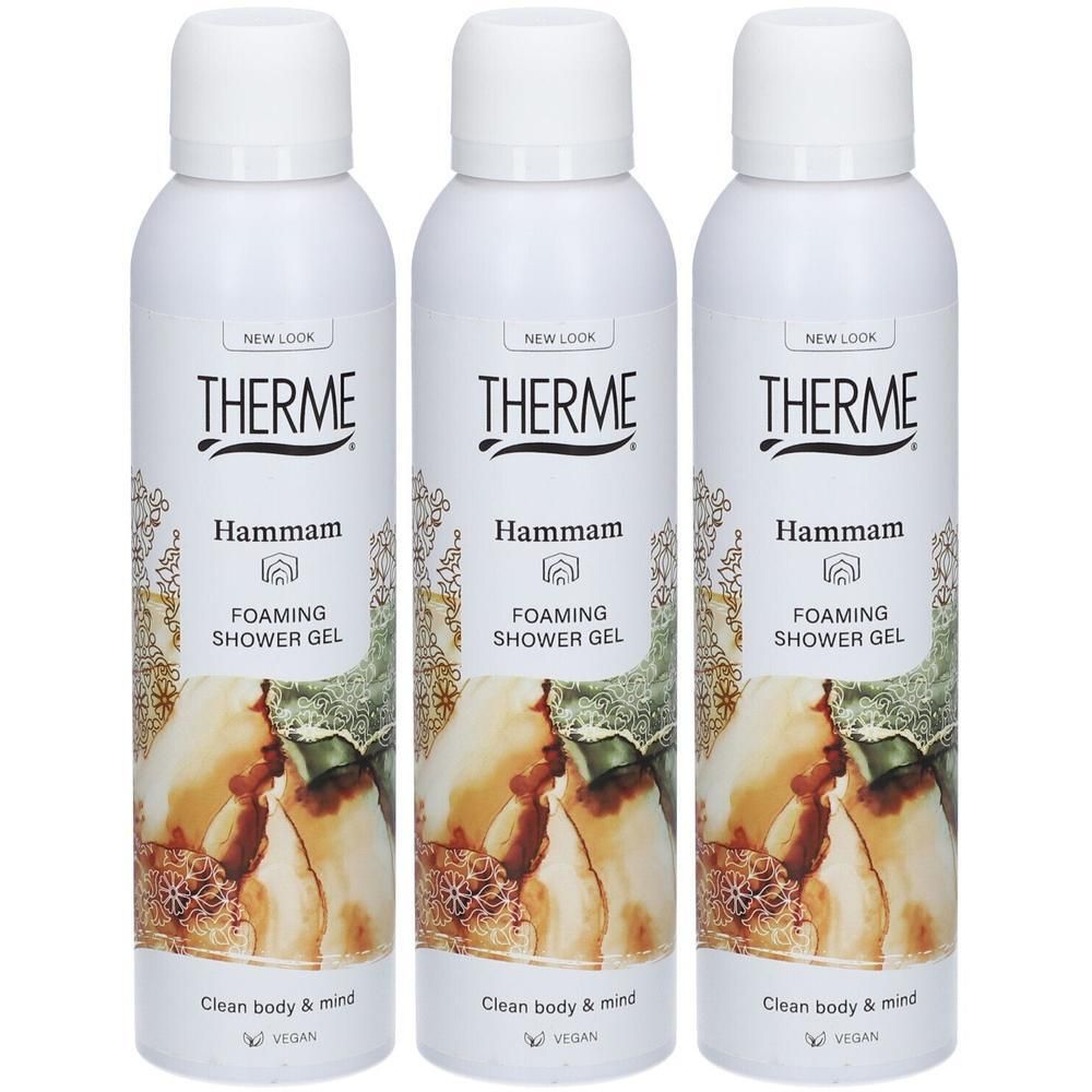 Trois flacons blancs de gel douche moussant THERME Hammam avec motifs arabes et images de savon.