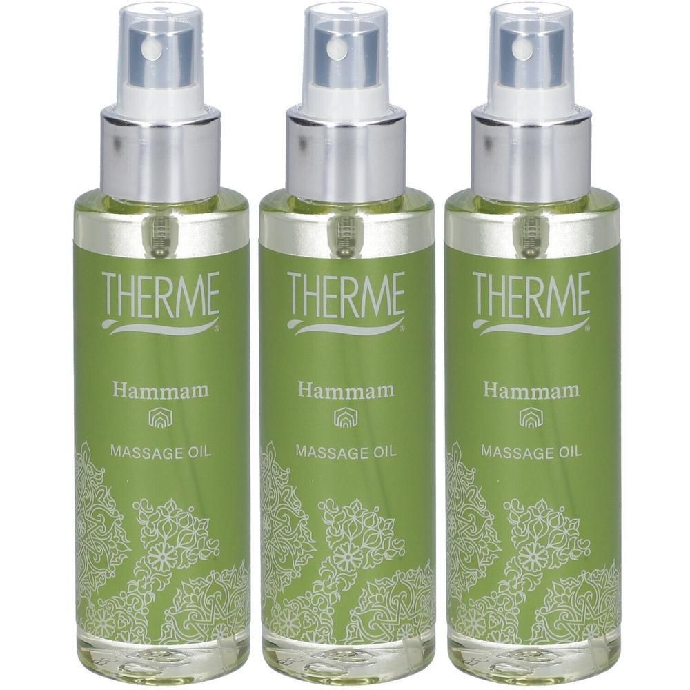 Trois flacons d'huile de massage THERME Hammam avec vaporisateur. Étiquettes vertes à motif blanc.