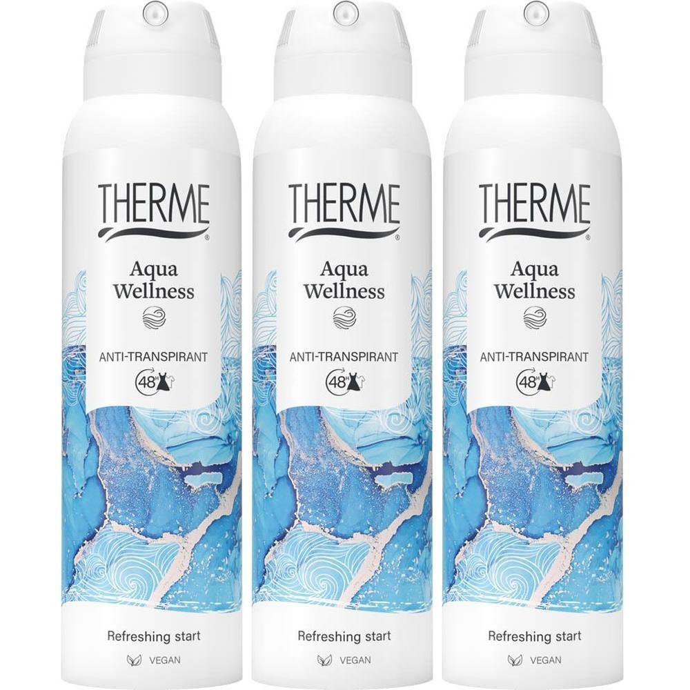 Drie spuitbussen Therme Aqua Wellness Anti-Transpirant 48h met blauw golvend patroon.