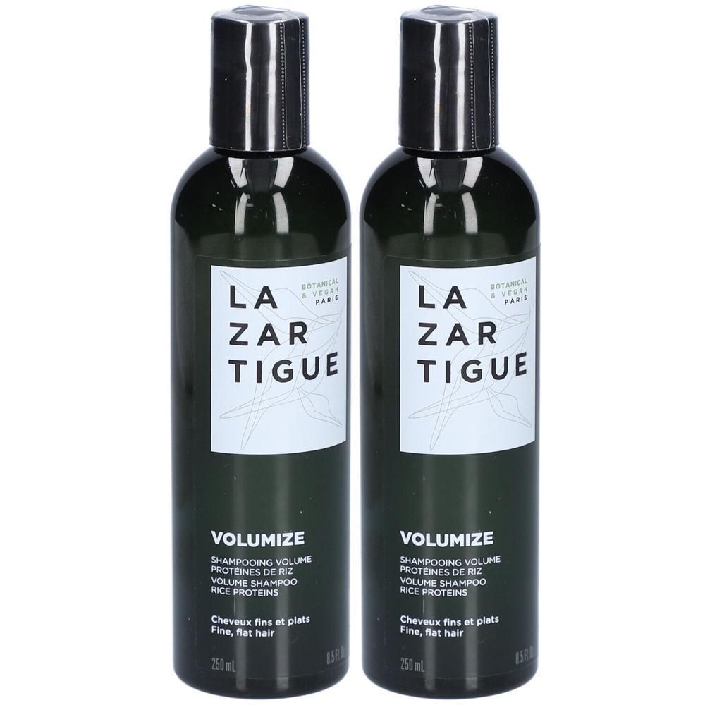 Twee flessen Lazartigue Volumizing Shampoo met rijstproteïne voor fijn, plat haar.