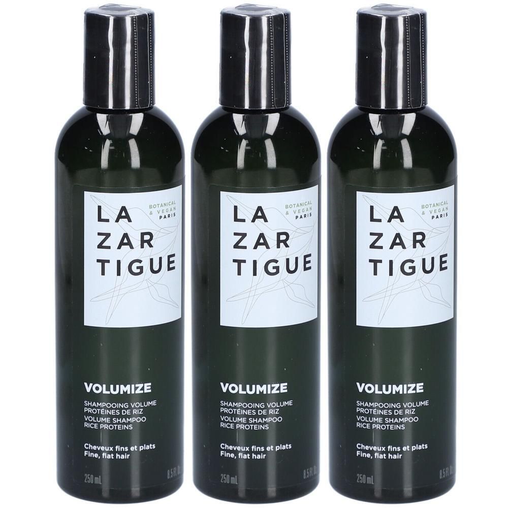 Trois flacons de shampooing Lazartigue Volumize aux protéines de riz pour cheveux fins et plats.