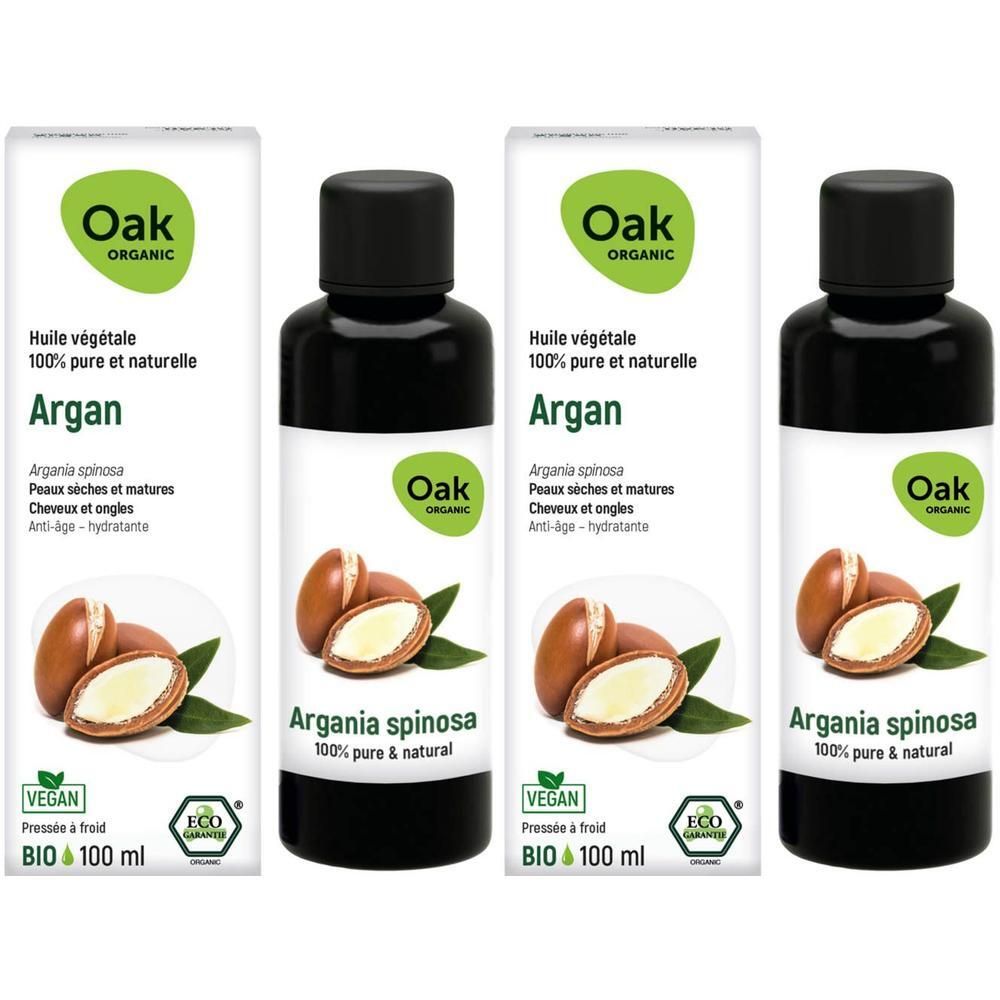 Trois flacons d'huile d'argan Oak, 100% pure et naturelle. Illustration de fruits d'argan.