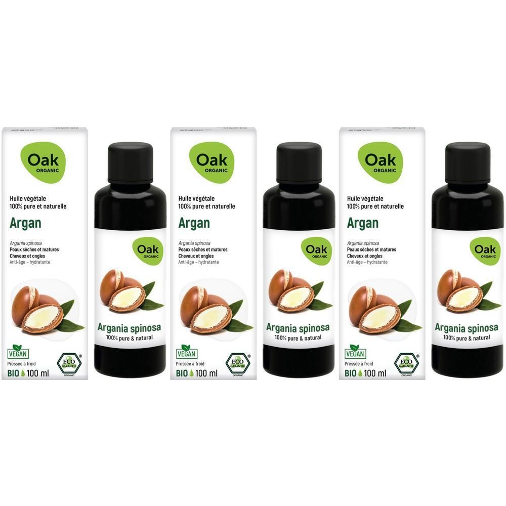 Vier flessen Oak Arganolie, 100 ml, vegan en bio.